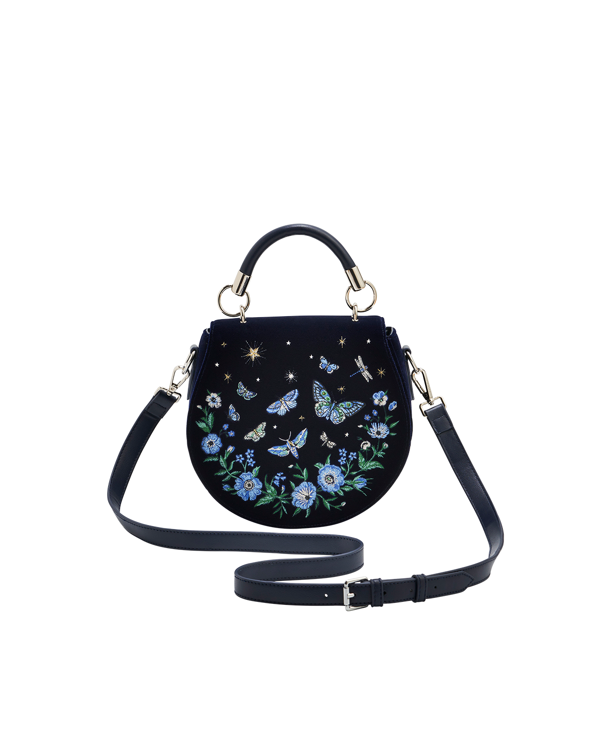 Charlotte Butterfly Embroidered Velvet Saddle Purse, Alternate, color, Navy