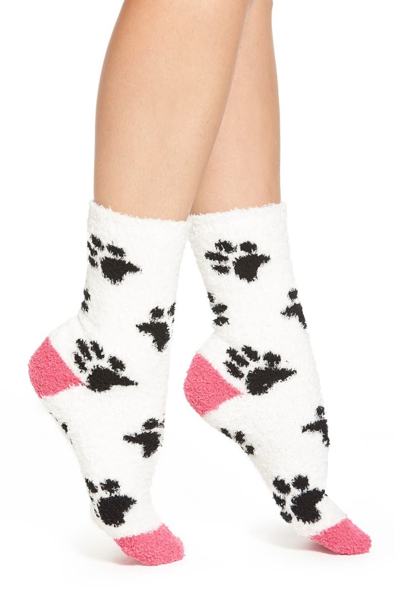 PJ Salvage 'Cozy Plush Paw Print' Crew Socks, Main, color, 