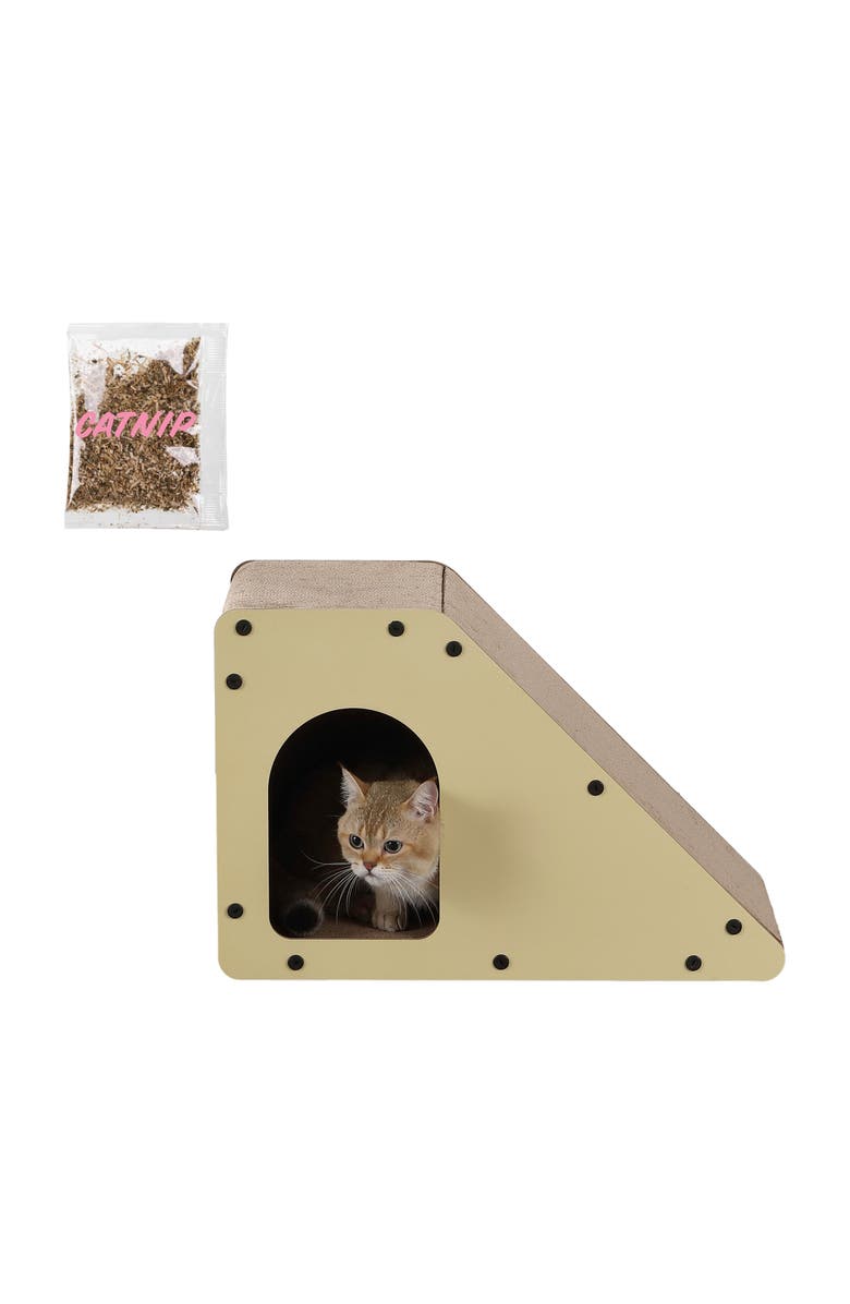 The Licker Store Kento 23.63" Minimalist Cardboard Angled Cat Cave Scratcher with Catnip, Main, color, Almond