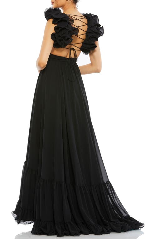 Mac Duggal Ruffle Tiered Cut-out Chiffon Gown In Black