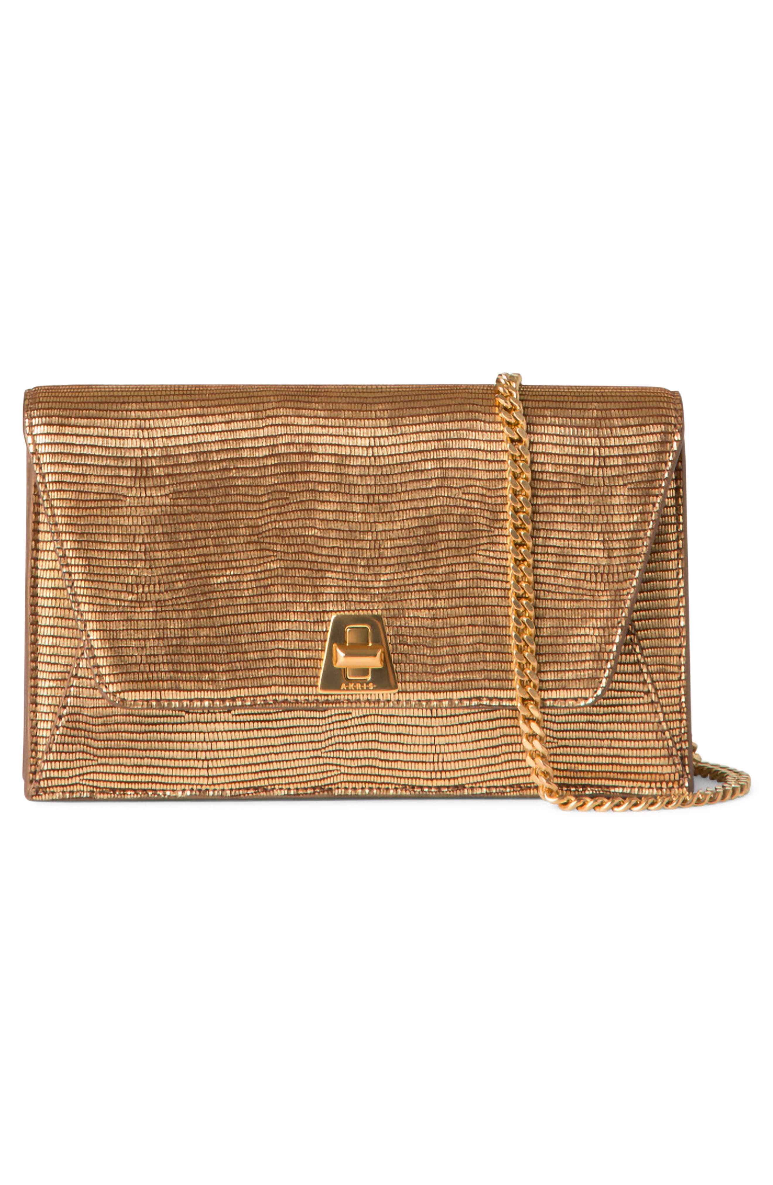 Akris Anouk Lizard Embossed Metallic Leather Shoulder Bag, Alternate, color, Bronze Gold