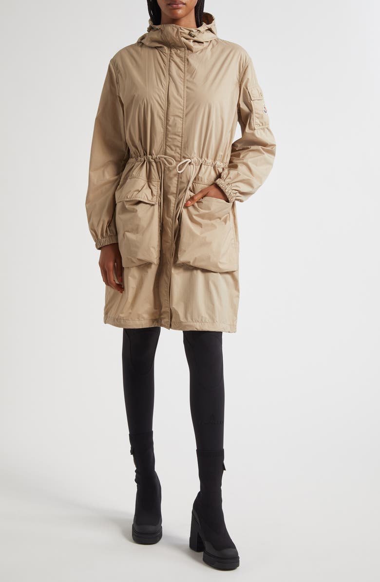 Moncler Nouilles Hooded Longline Coat, Alternate, color, Beige
