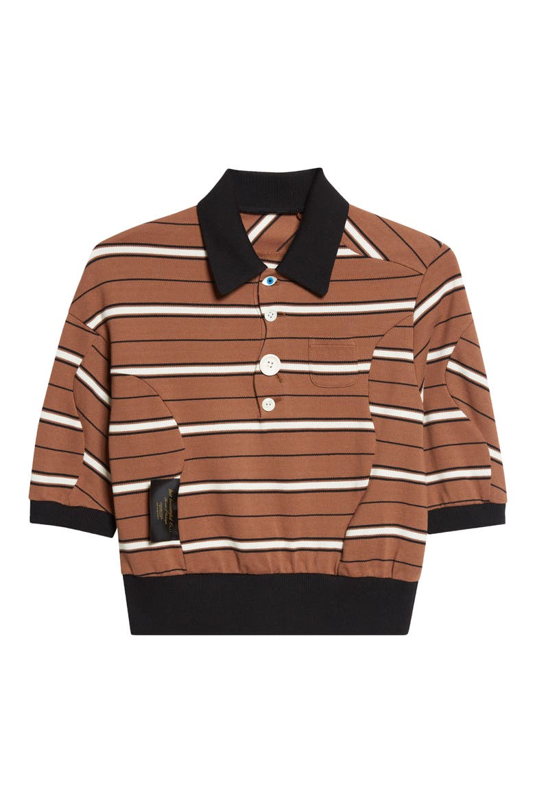 Stripe Crop Cotton Piqué Polo, Alternate, color, BROWN BORDER