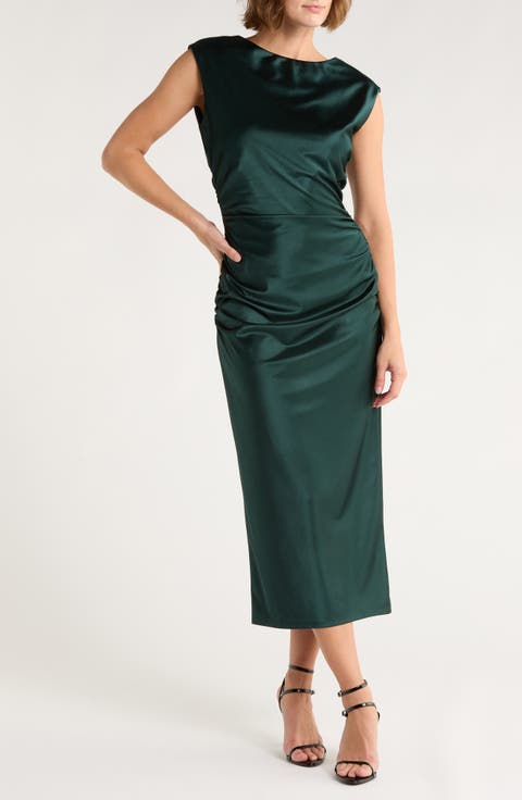 Ruched Cap Sleeve Satin Midi Dress
