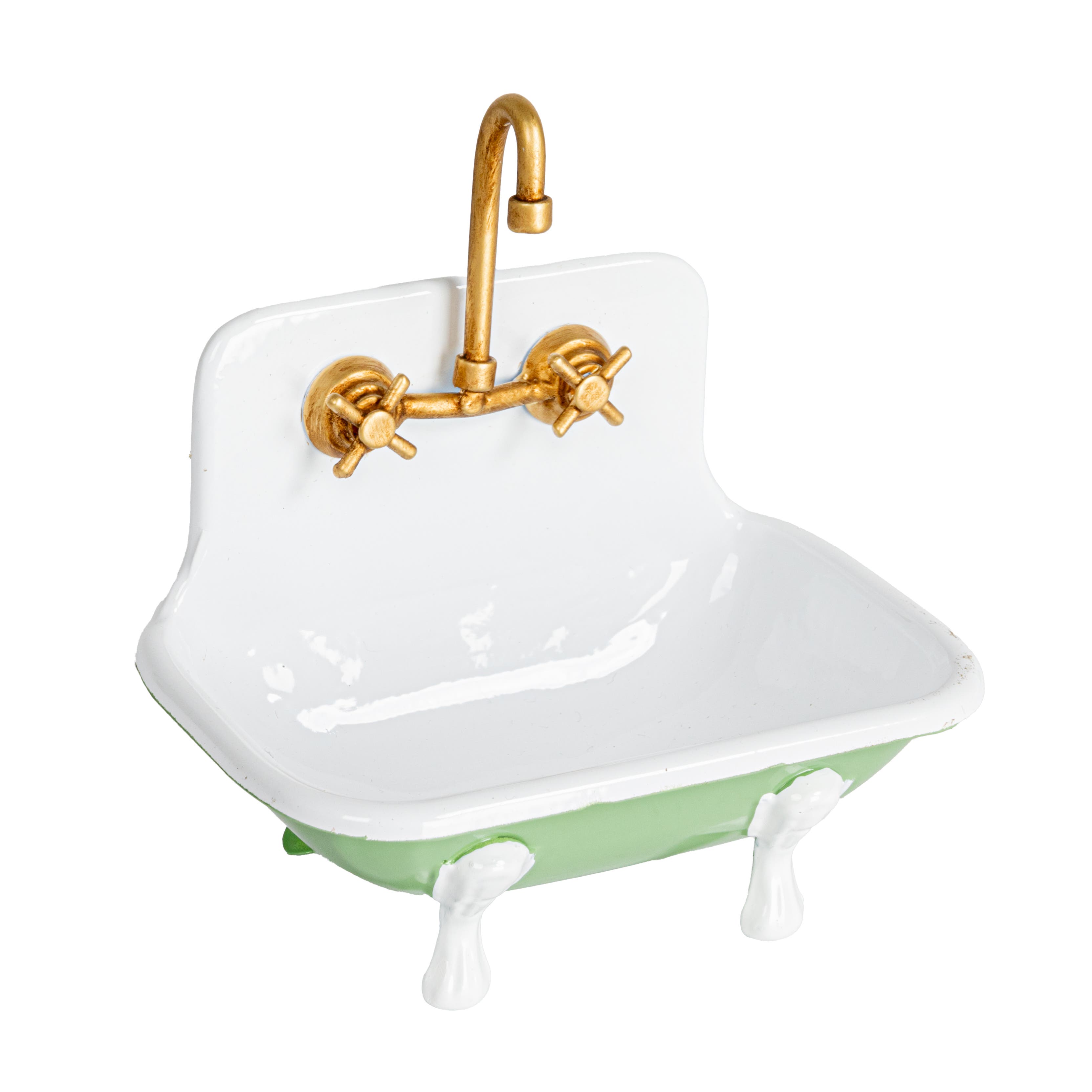 Storied Home Vintage-inspired Metal Sink Soap Dish With Faucet Design, Green, White And Gold In Multi