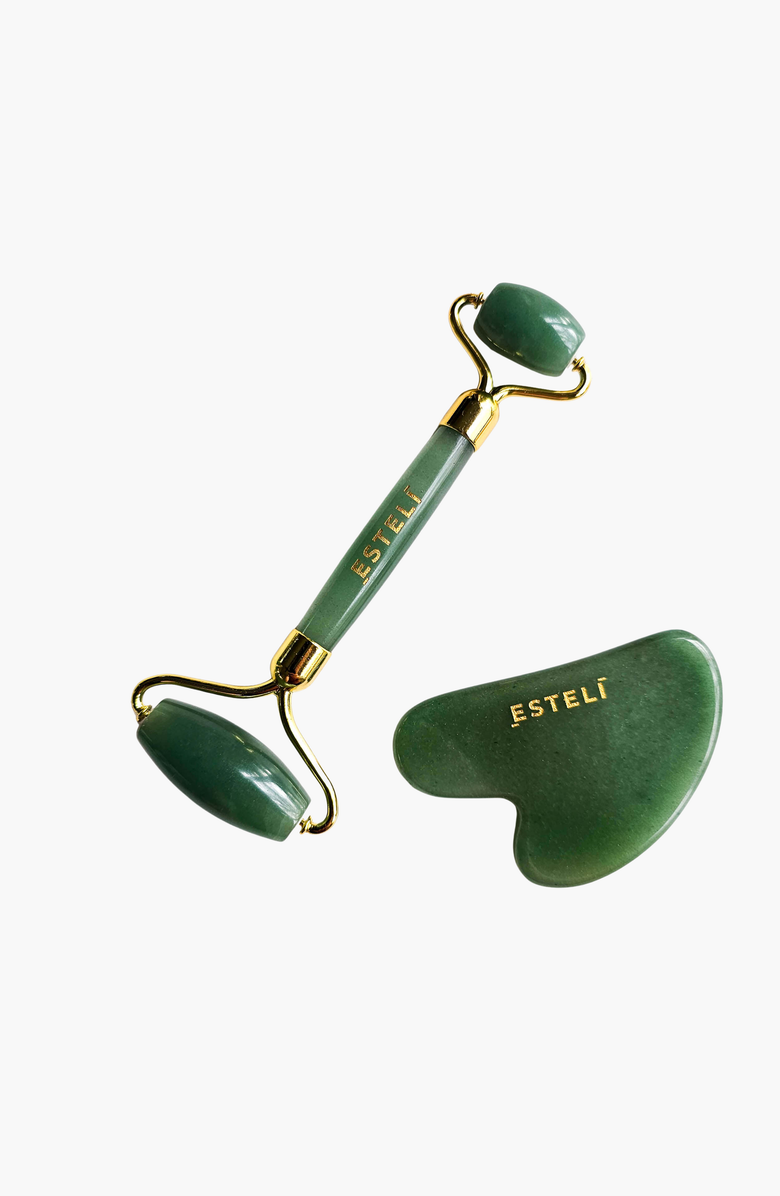 Esteli Aventurine Roller and Gua Sha Set, Main, color, Dark Green
