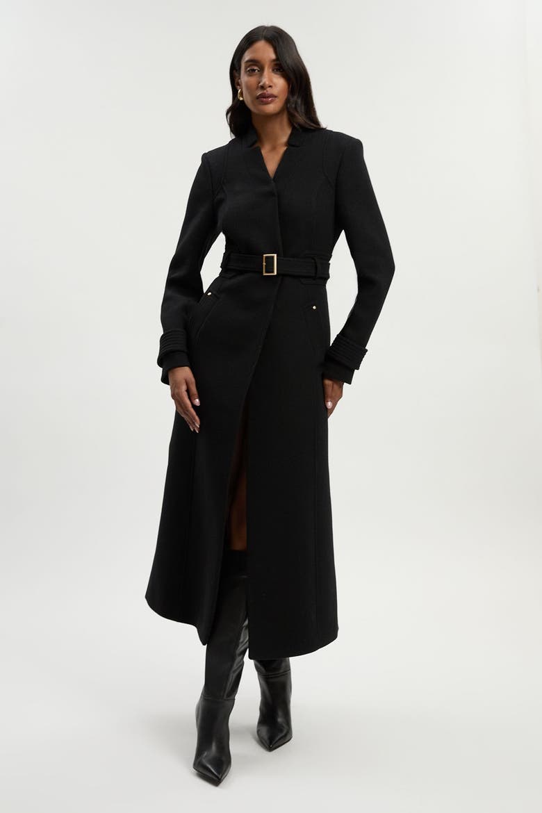 Wool Notch Neck Belted Maxi Coat, Alternate, color, Black