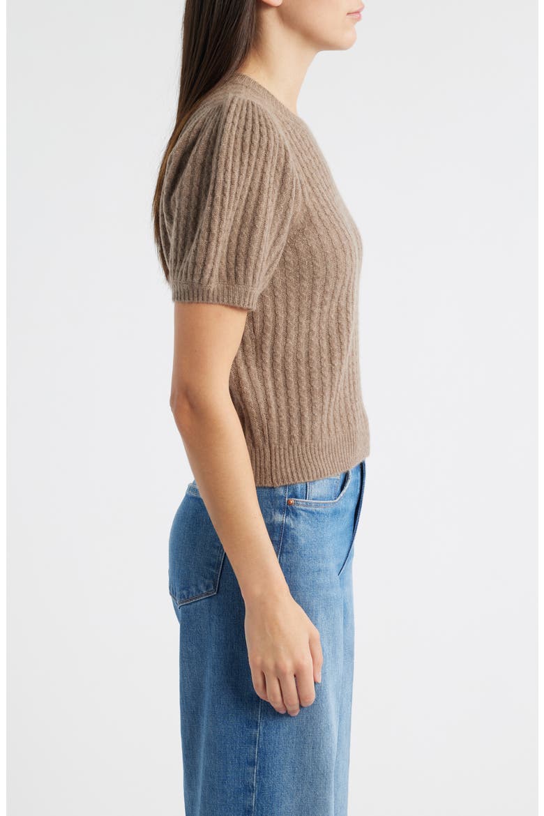 Lucerne Puff Sleeve Cable Knit Cashmere Sweater, Alternate, color, HEATHER BROWN