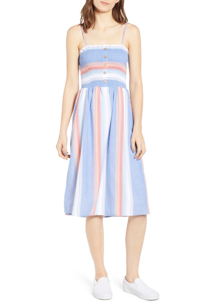 Smocked Bodice Stripe Midi Dress, Main, color, BLUE CORAL