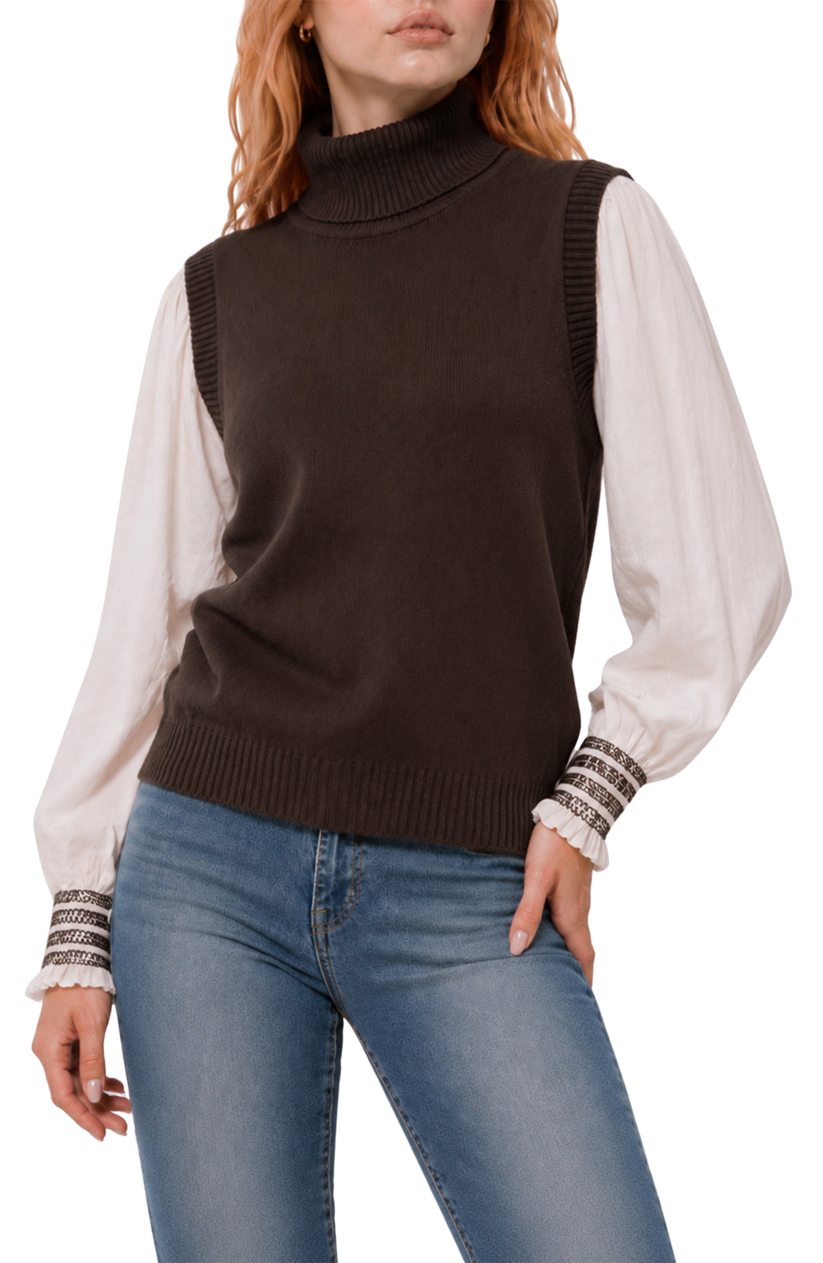 By Design Anne Mixed Media Turtleneck Sweater In Chocolate/ Gardenia