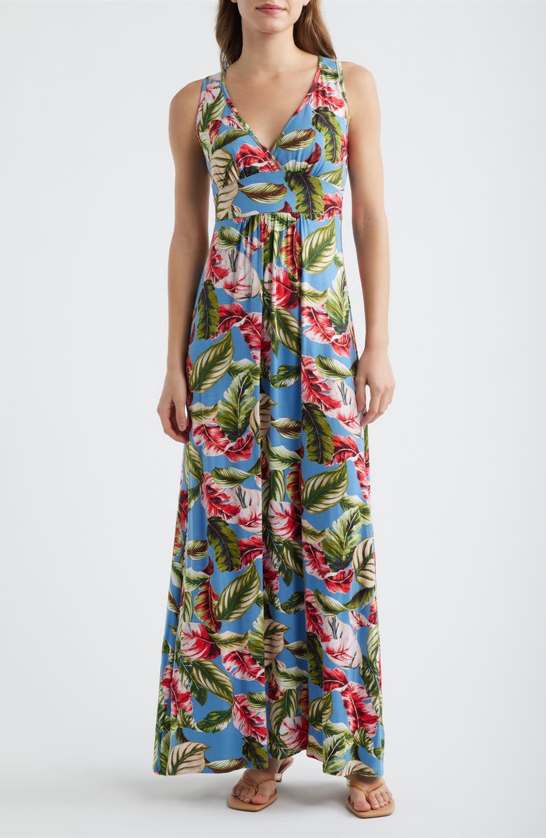 Loveappella Palm Print Sleeveless Jersey Maxi Dress, Main, color, Blue/ Coral