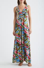 Loveappella Palm Print Sleeveless Jersey Maxi Dress