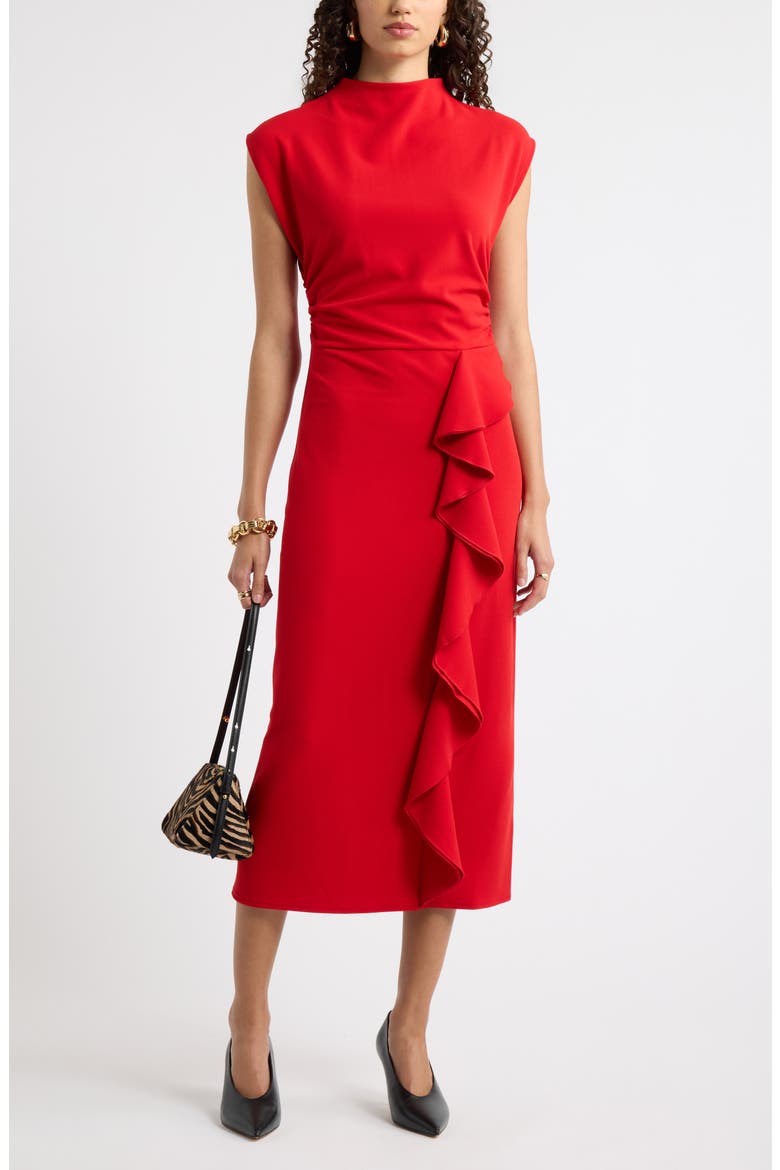 Mock Neck Ruffle Midi Dress, Alternate, color, RED SALSA