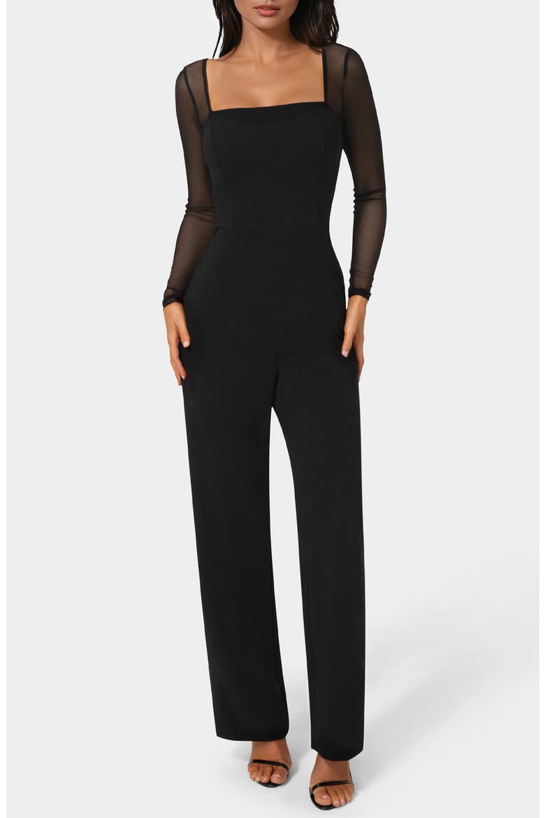 Square Neck Mesh Long Sleeve Jumpsuit, Main, color, BLACK