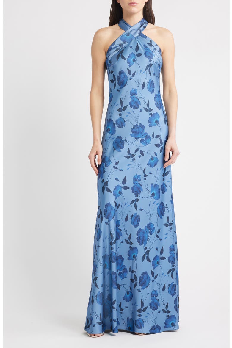 Laurant Floral Sleeveless Satin Crepe Gown, Main, color, WILD STEEL ROSES
