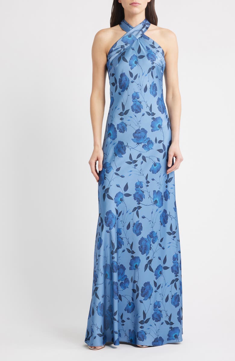 Sachin & Babi Laurant Floral Sleeveless Satin Crepe Gown, Main, color, Wild Steel Roses