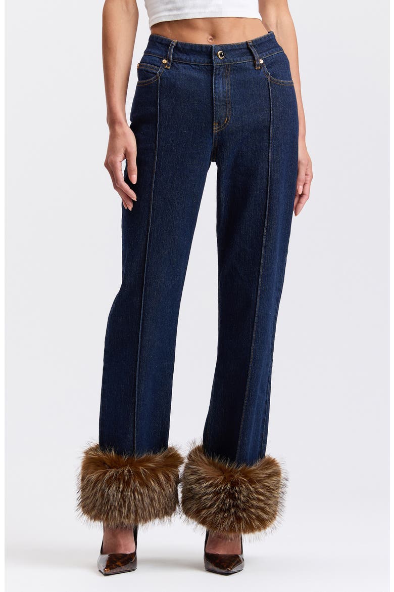 Faux Fur Trim High Waist Flare Jeans, Main, color, BIANCA RINSE