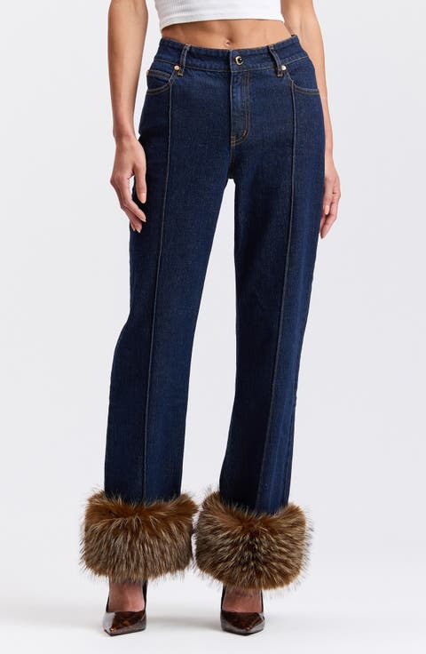 Faux Fur Trim High Waist Flare Jeans