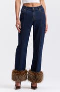 Avec Les Filles Faux Fur Trim High Waist Flare Jeans