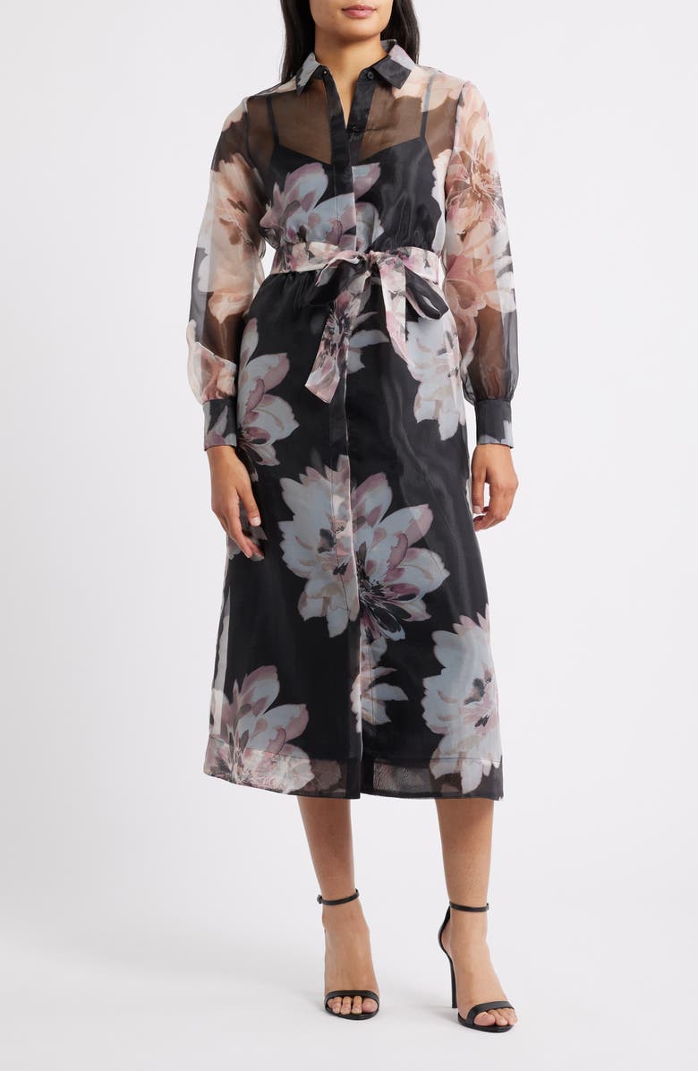 Anne Klein Floral Print Long Sleeve Organza Midi Shirtdress, Main, color, 