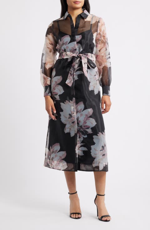 Floral Print Long Sleeve Organza Midi Shirtdress (Petite)