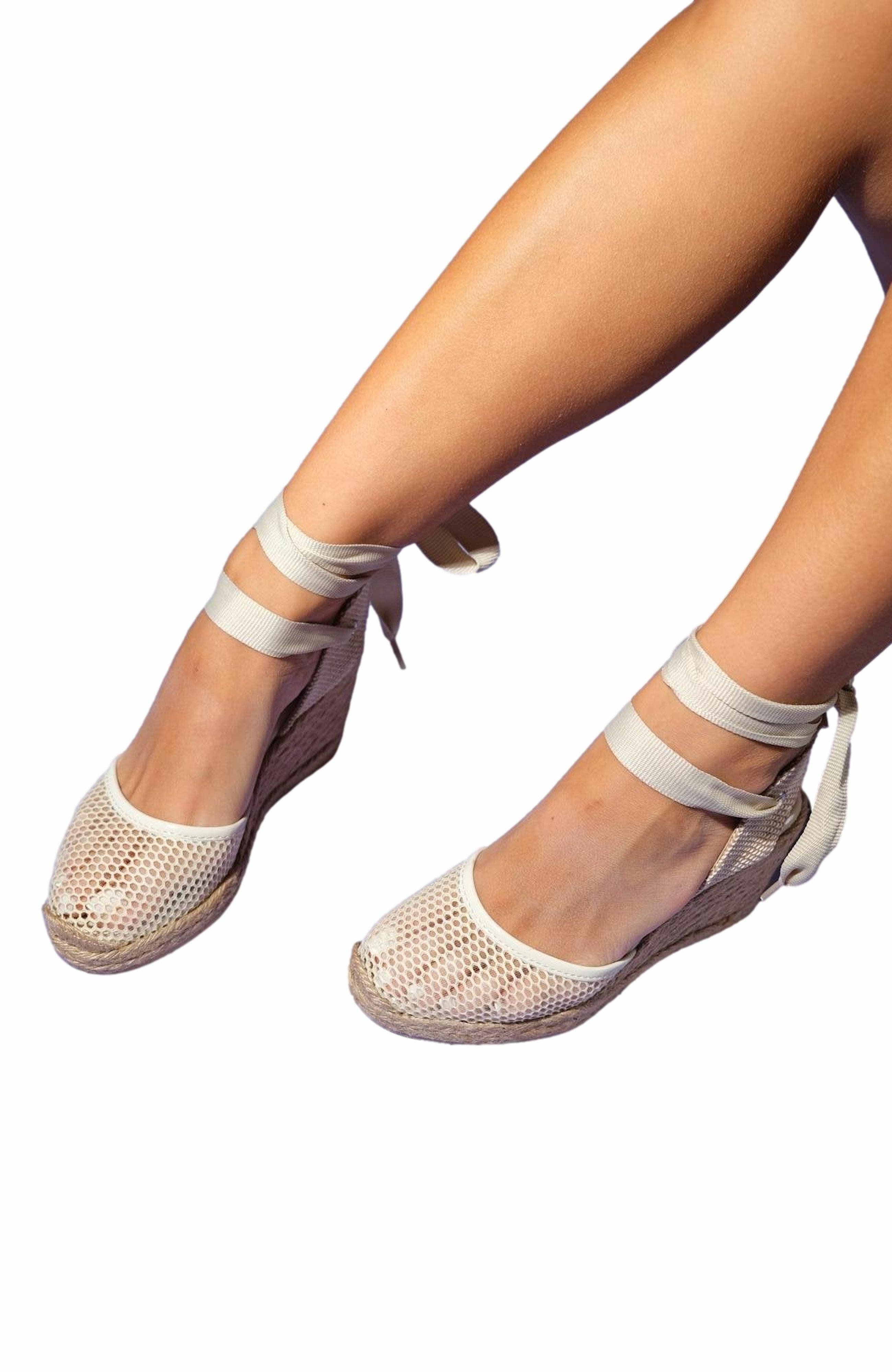 Forever & Always Shoes Lions Mesh Leather Wedge Espadrilles Sandal, Alternate, color, Beige Leather