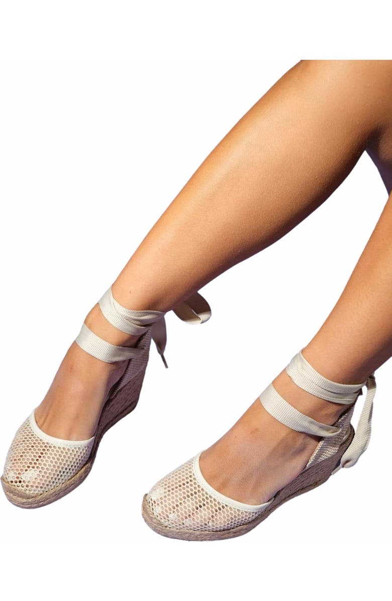 Forever & Always Shoes Lions Mesh Leather Wedge Espadrilles Sandal, Alternate, color, Beige Leather