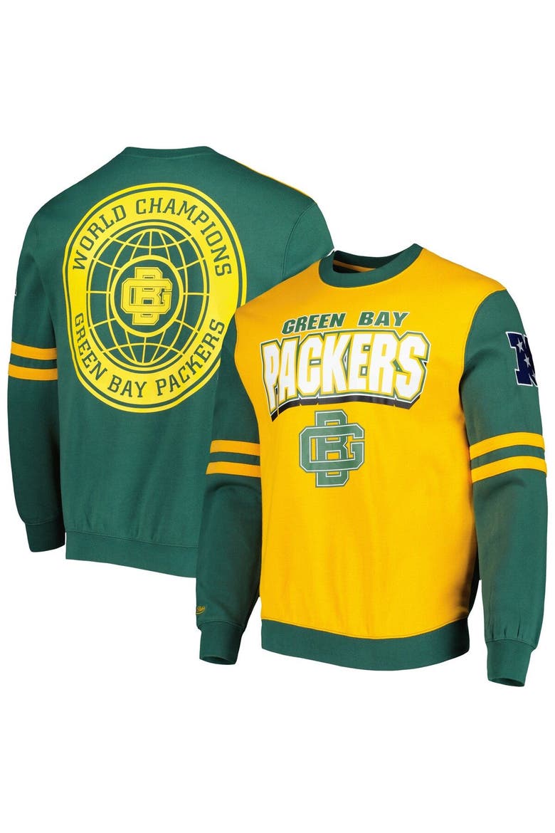 Men's Mitchell & Ness Gold Green Bay Packers All Over 2.0 Pullover Sweatshirt, Main, color, Gold