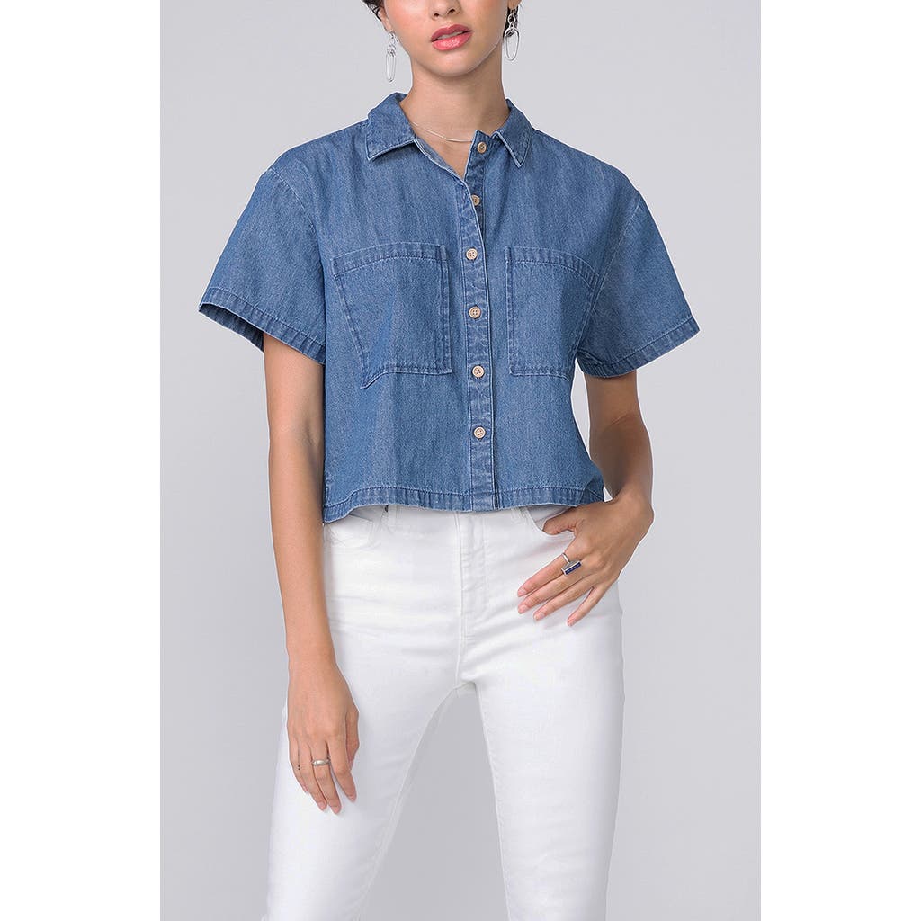Unpublished Sami Short Sleeve Cotton Chambray Button-up Shirt In Blue