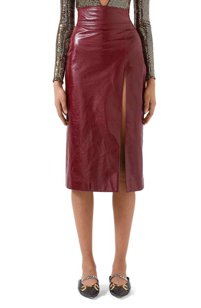 Gucci Front Slit Lambskin Leather Pencil Skirt, Main, color,