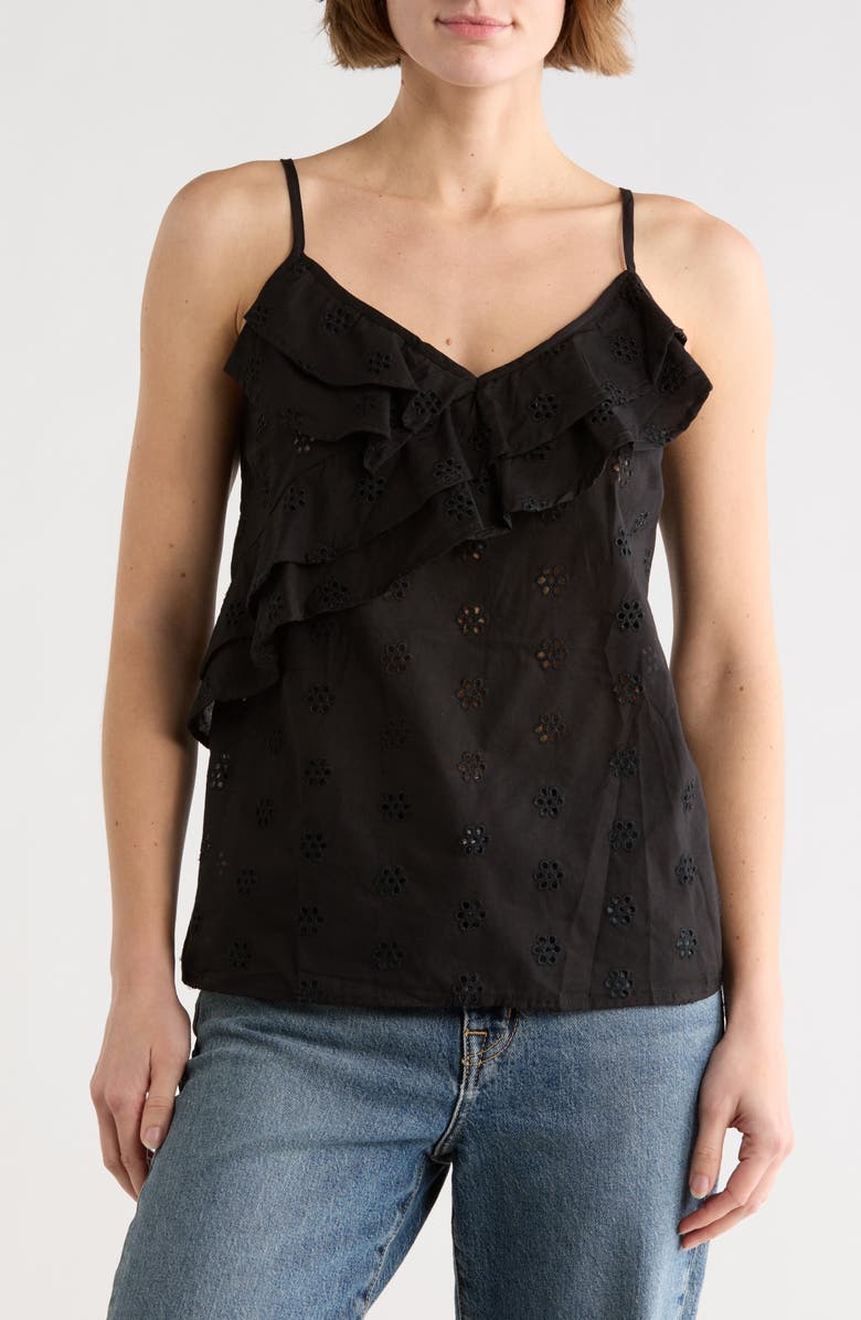 Forgotten Grace Double Ruffle Eyelet Cami, Main, color, Black