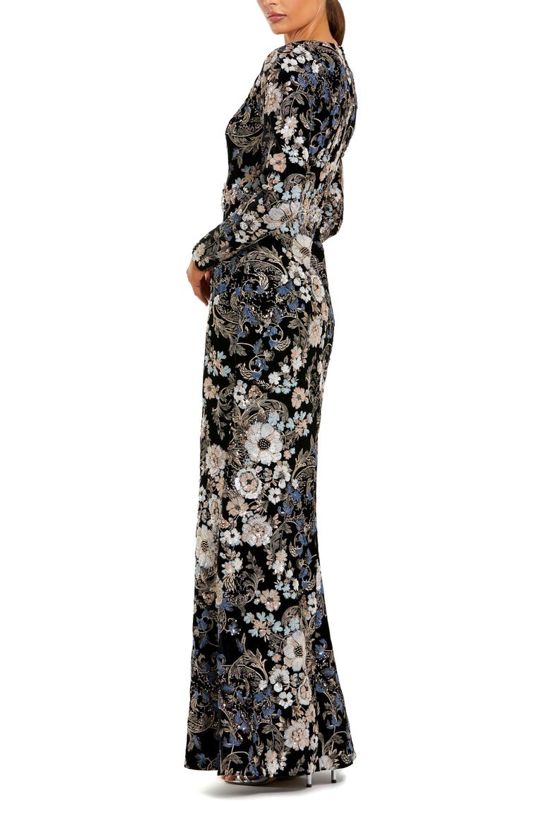 Embroidered Velvet Long Sleeve Scoop Neck Gown, Alternate, color, Black Multi