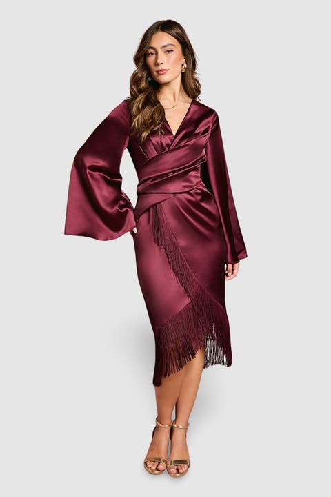 Satin Fringe Hem Wrap Waist Midi Dress
