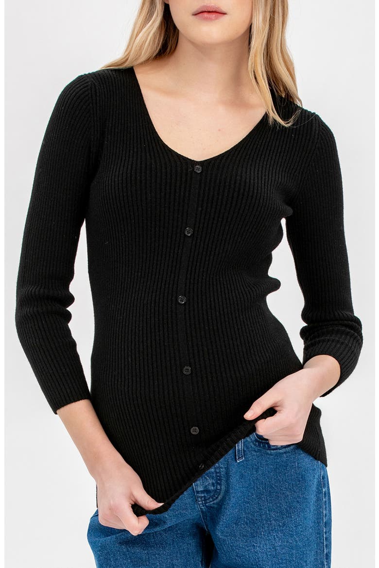 Bella Rib Button Trim V-Neck Maternity Sweater, Main, color, BLACK