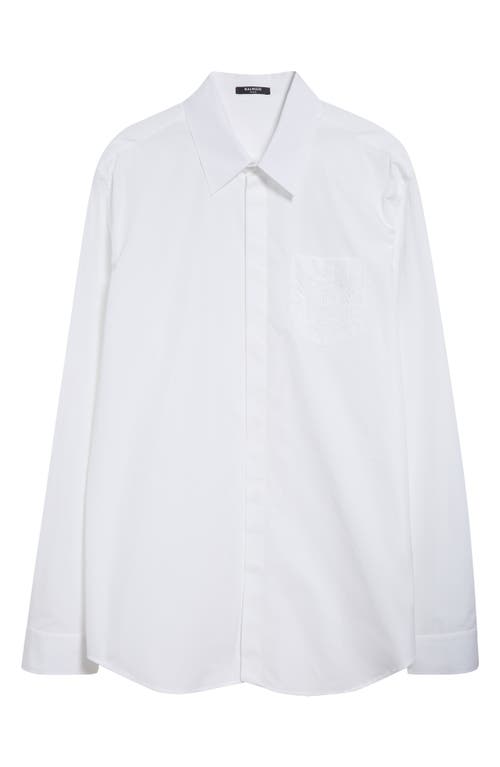 Balmain Embroidered Emblem Cotton Poplin Button-up Shirt In Blue