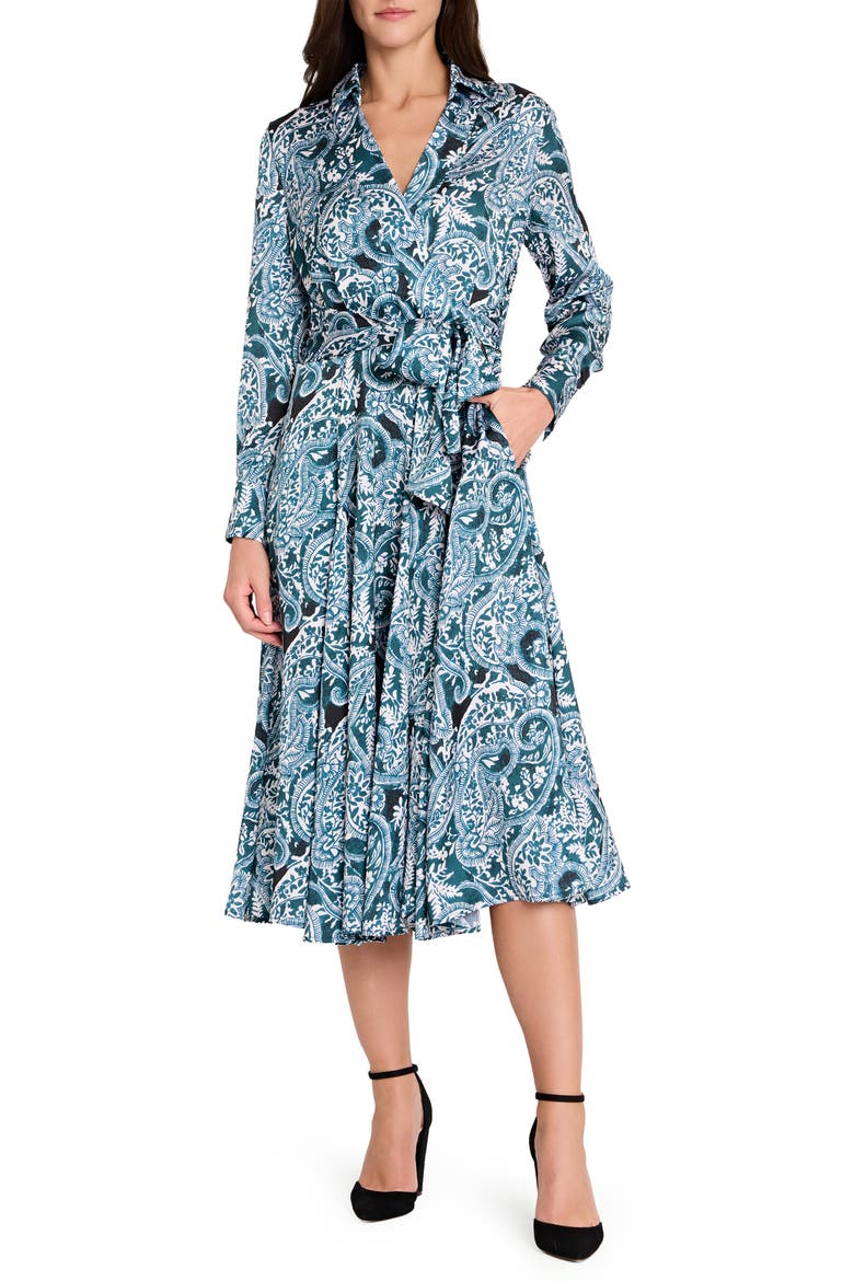 Tie Belt Matte Satin Shirtdress, Main, color, TEAL