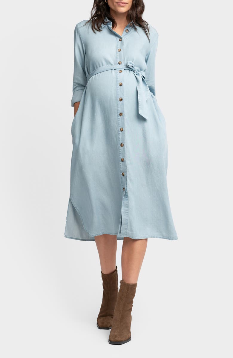 Seraphine Long Sleeve Chambray Maternity/Nursing Shirtdress, Main, color, 