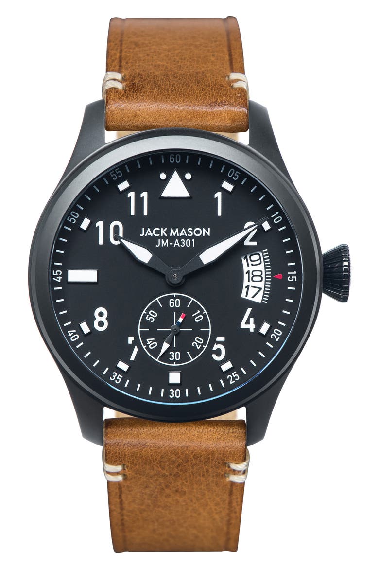 Aviation Leather Strap Watch, 45mm, Main, color, BROWN/ BLACK