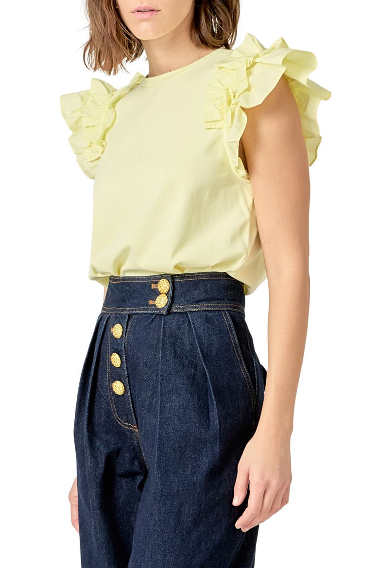Ruffle Sleeve Mix Media Cotton Top, Alternate, color, BUTTER YELLOW
