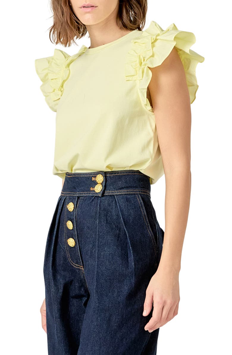 English Factory Ruffle Sleeve Mix Media Cotton Top, Alternate, color, Butter Yellow