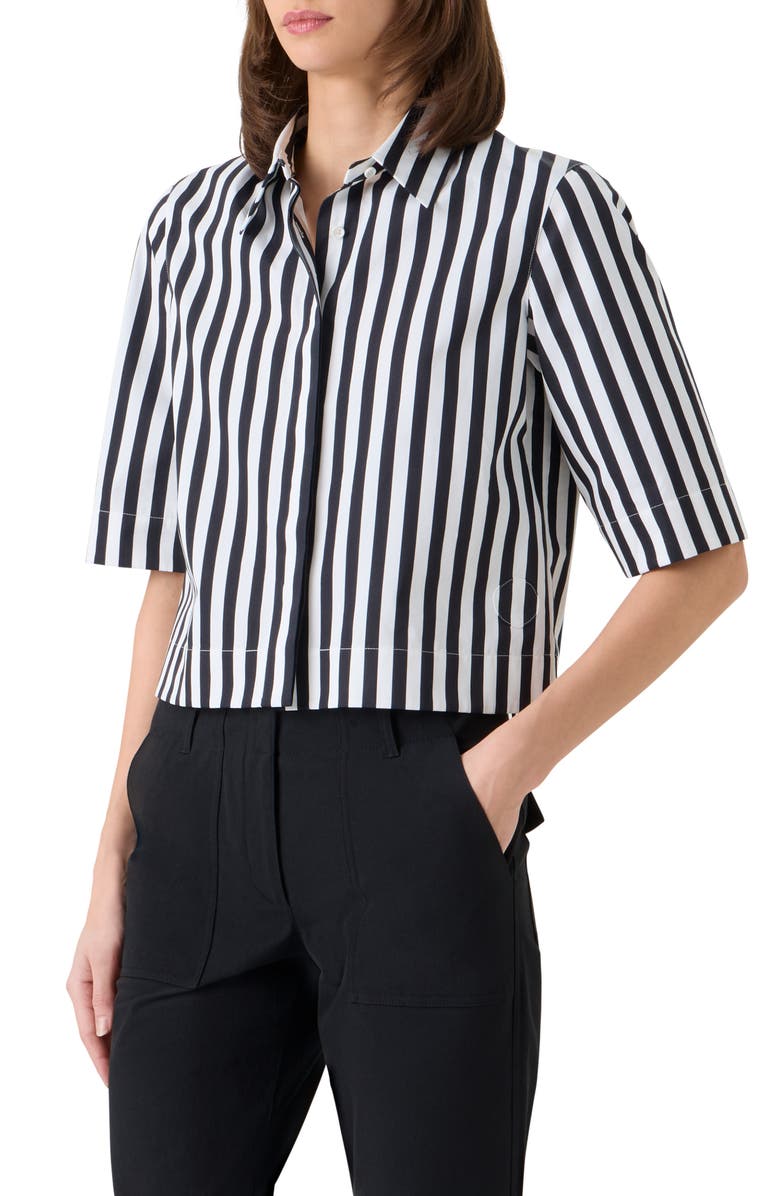 Akris punto Boxy Kodak Stripe Short Sleeve Cotton Poplin Button-Up Shirt, Alternate, color, Black-Cream