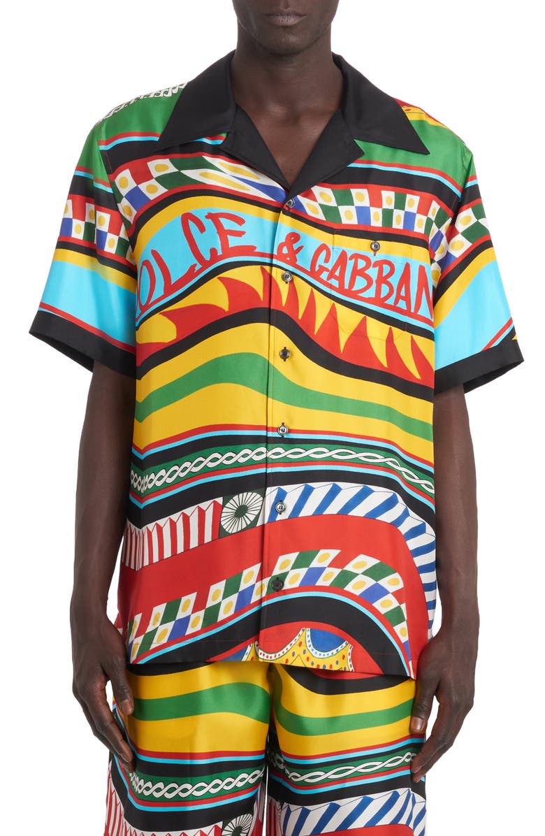 Dolce&Gabbana Carretto Print Short Sleeve Silk Button-Up Shirt, Main, color,