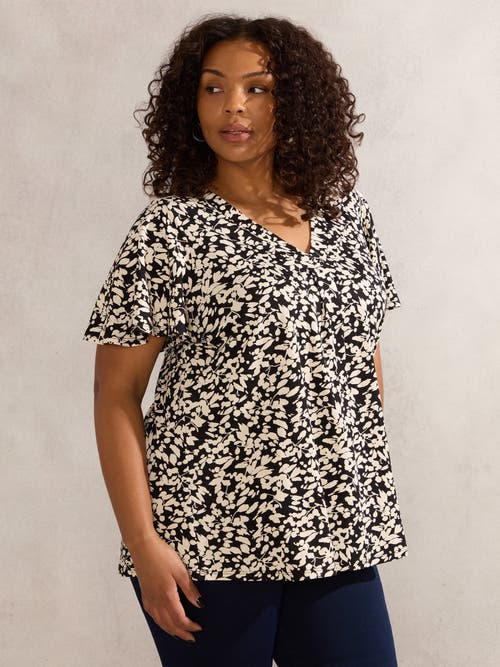 Live Unlimited Floral Print Jersey Pleat Front Top In Black