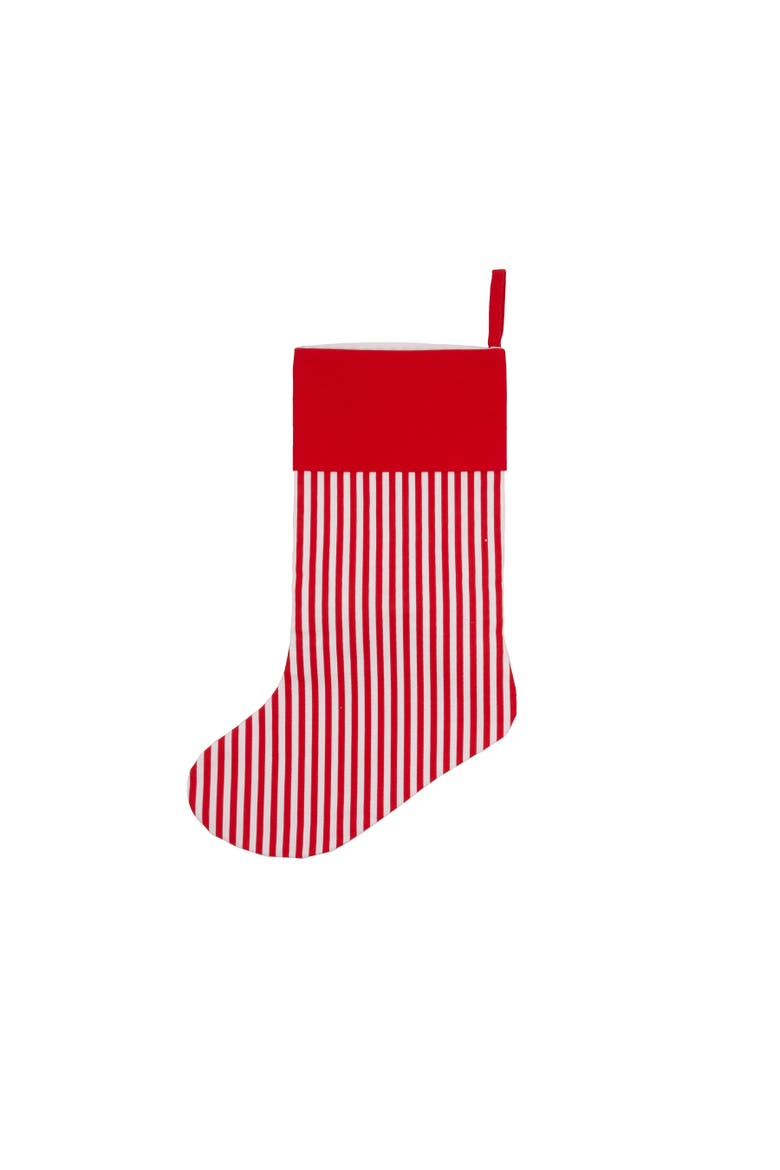 Red Velvet Bow on Striped Candy Cane Christmas Stocking, Alternate, color, Red