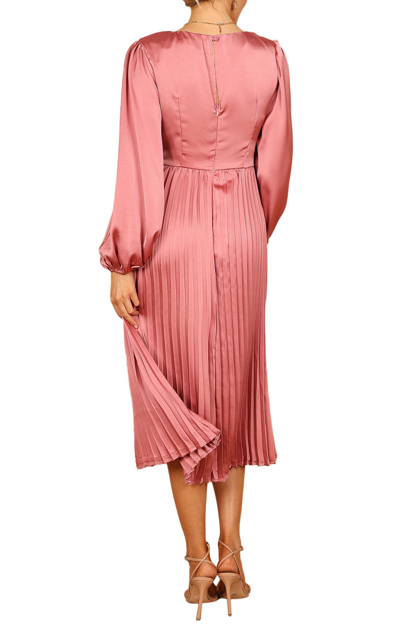 pleated satin oversized sleeve midi dress Petal and Pup Women's Noelle Twist Front Pleated Midi Dress