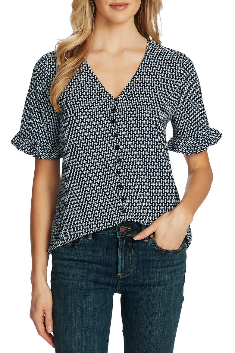 Garden Geo Print Ruffle Sleeve Top, Main, color, CAVIAR