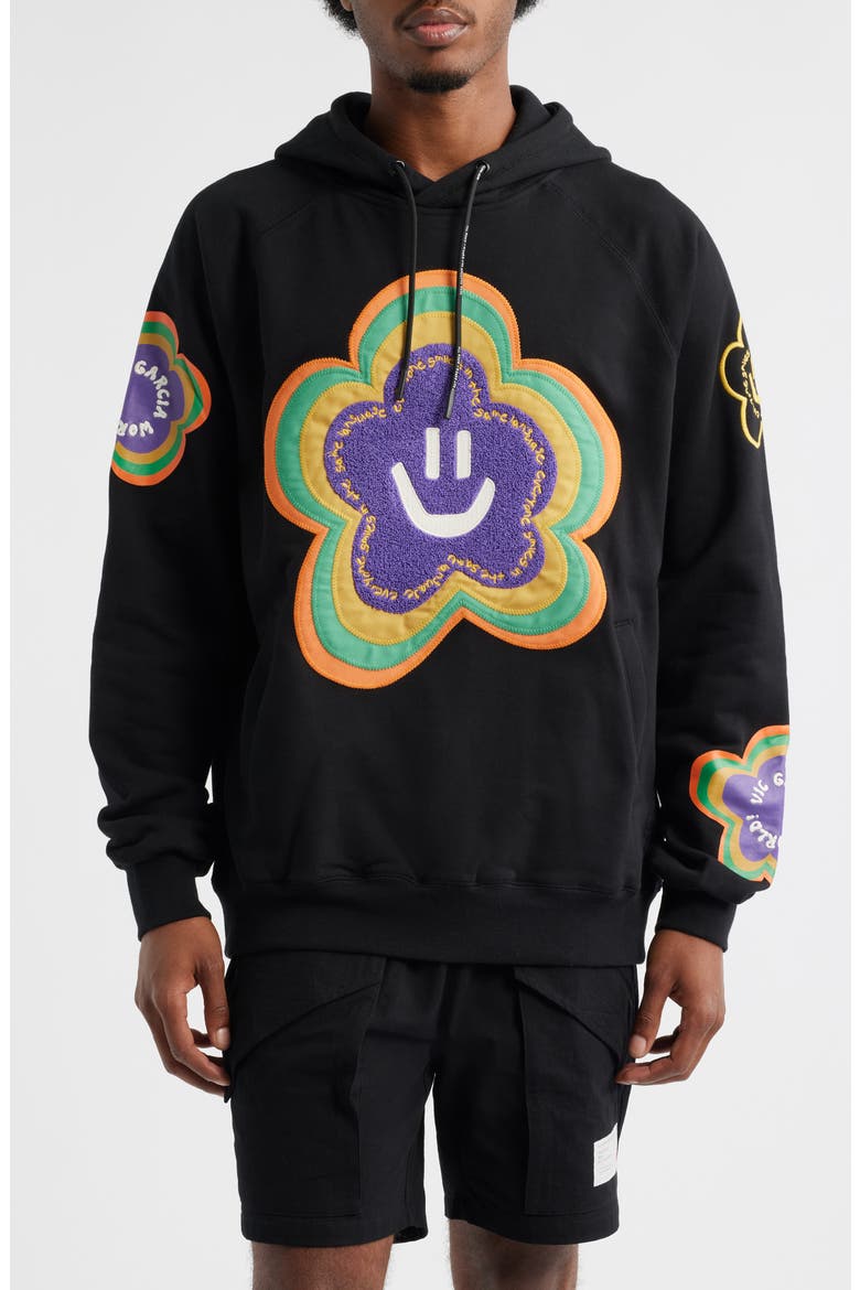 Flower Patch Cotton French Terry Hoodie, Main, color, BLACK