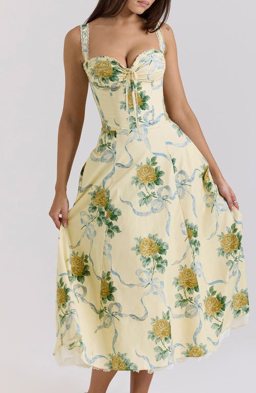 House Of Cb Rosalee Floral Stretch Cotton Petticoat Dress In Yellow Rose Print
