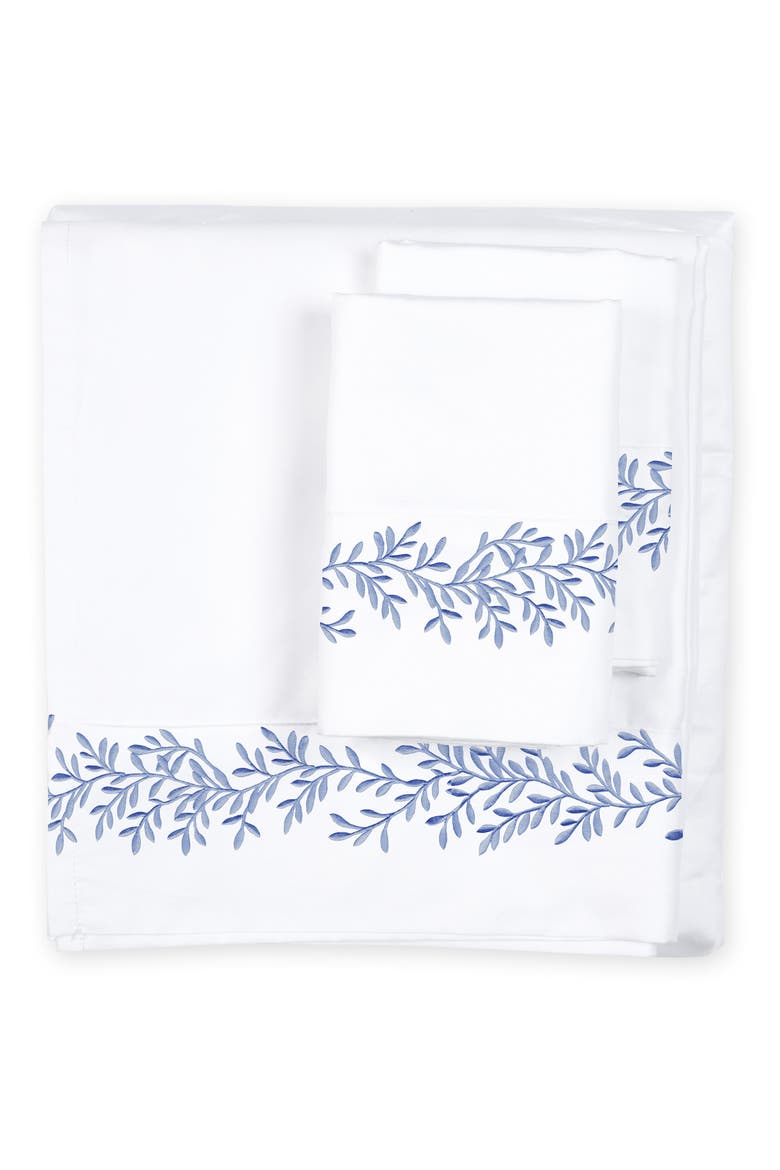 Floral Leaf Embroidered 600 Thread Count 100% Cotton Sheets, Main, color, BLUE