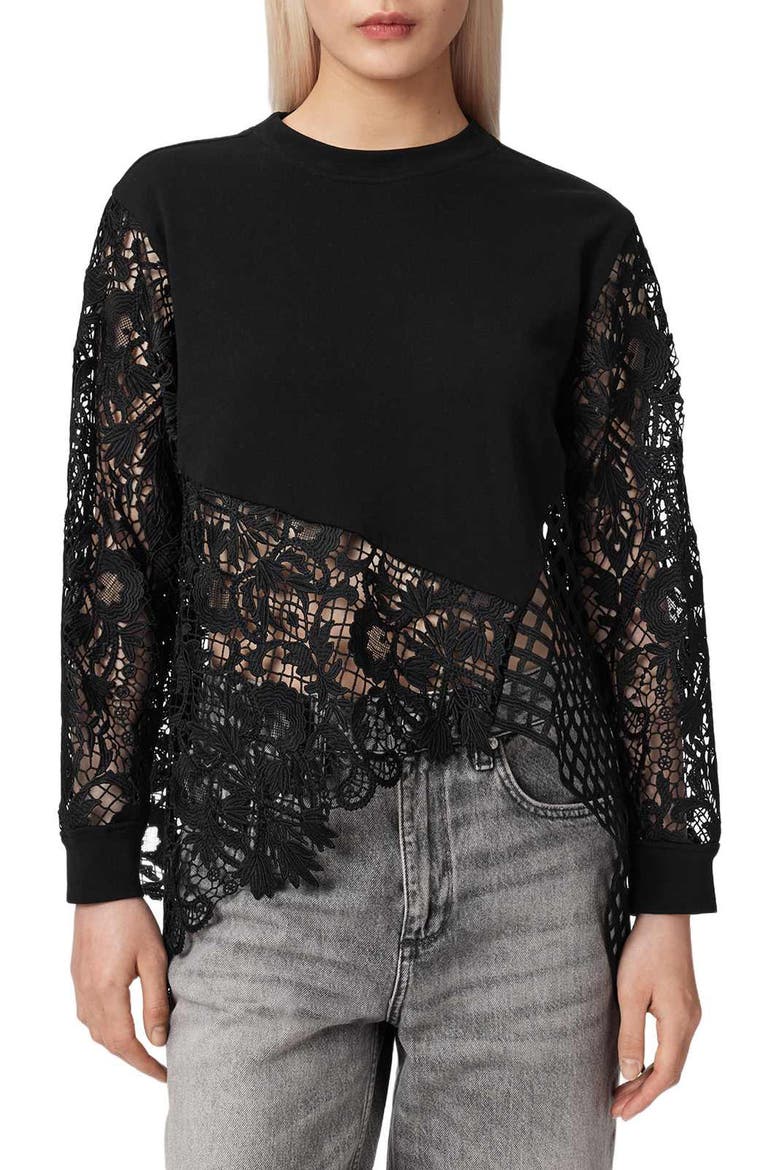 Malorie Long Sleeve Lace Shirt, Main, color, BLACK